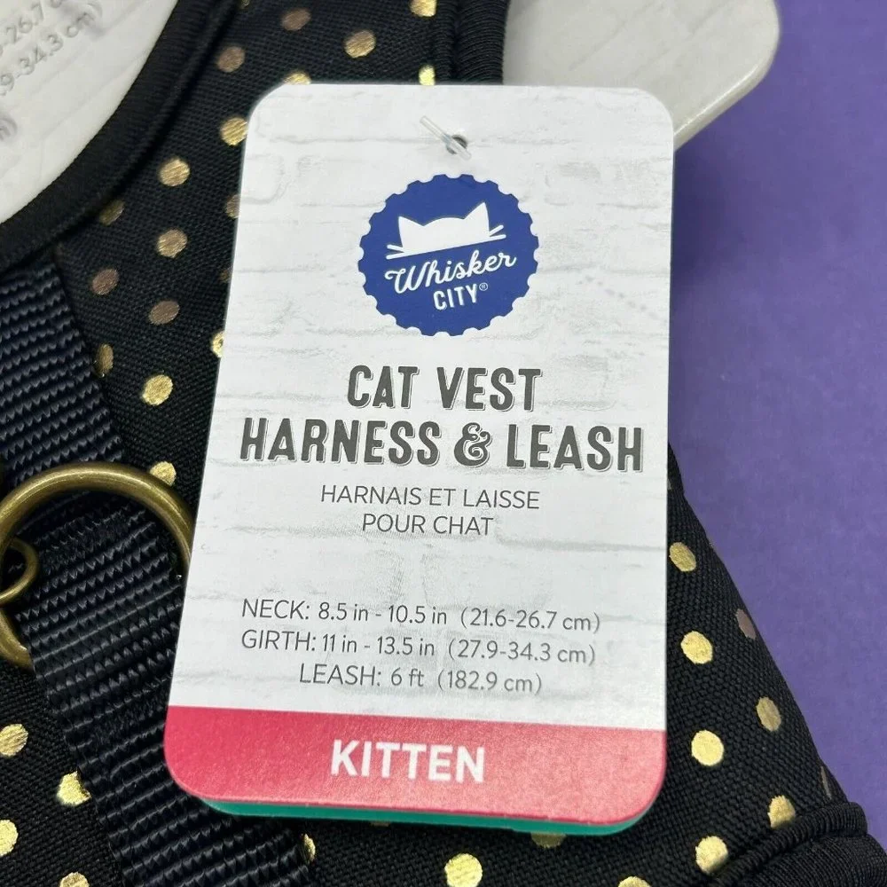 NWT Whisker City Cat Vest Harness & Leash -Black w/ Gold Polka Dot- Size Kitten